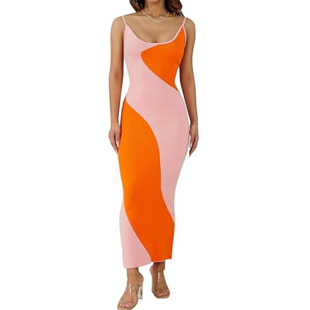 Orange/Pink Bodycon Sweater Maxi Dress, Small/Medium